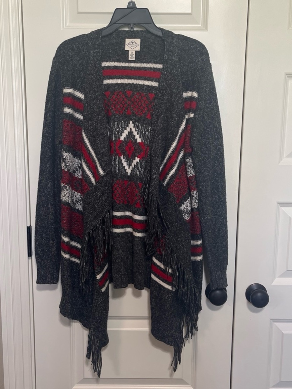 St. John's Bay Charcoal Open-Front Fringe Cardigan with Red & White Pattern